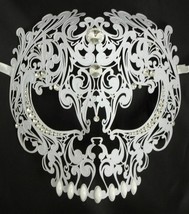 White Skull Metal Laser Cut Masquerade Prom Mask Pearl Clear Crystals - $28.21