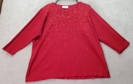 Quacker Factory Blouse Top Women Red Sequin Ribbed Cotton Long Sleeve Round Neck - £19.87 GBP
