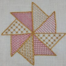 Linen Cutwork Embroidery Finished Hardanger Sampler Gold Floral Pinwheel... - $18.95
