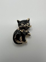 Vintage Gold Black Enamel Cat Rhinestone Brooch 4cm  BB2 - $11.88
