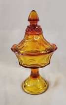 Vintage Glass Candy Dish With Lid Tiara Red Orange Amberina Pedestal Sunset - $18.93