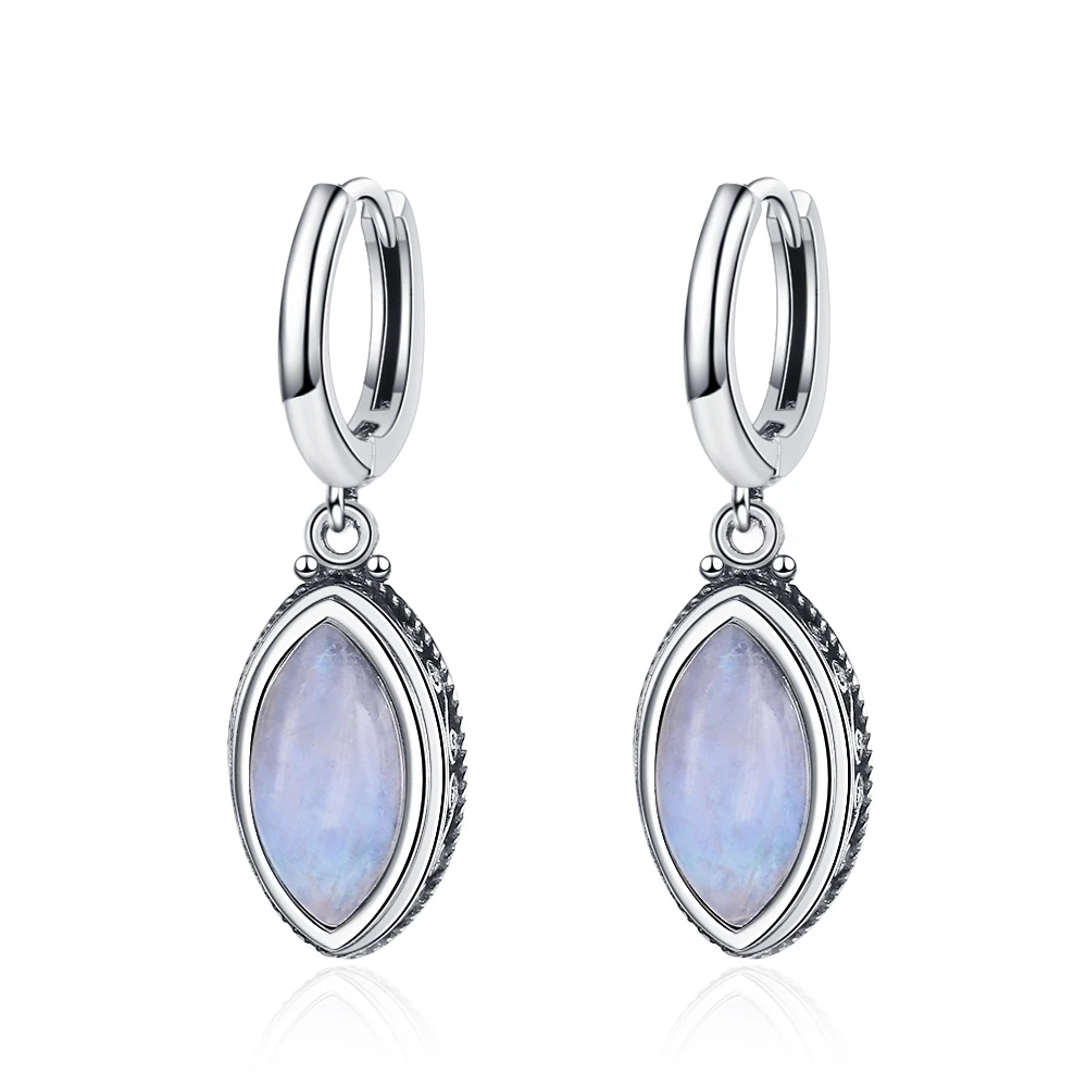 Retro Natural Moonstone Hoop Earrings Silver Jewelry for Women Party Accessories - £18.99 GBP