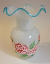 Tulip Glass Vase White Swirl Painted Floral Pink Rose Flowers Blue Scalloped  - £27.65 GBP