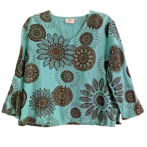 Hot Cotton By Marc Ware Linen Blend V-Neck Top Size XL MOD Floral 3/4 Sleeve Top - £23.59 GBP