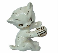 Cat Kitten figurine vtg kitty sculpture Napco Japan napkin holder gold trim ball - $24.70