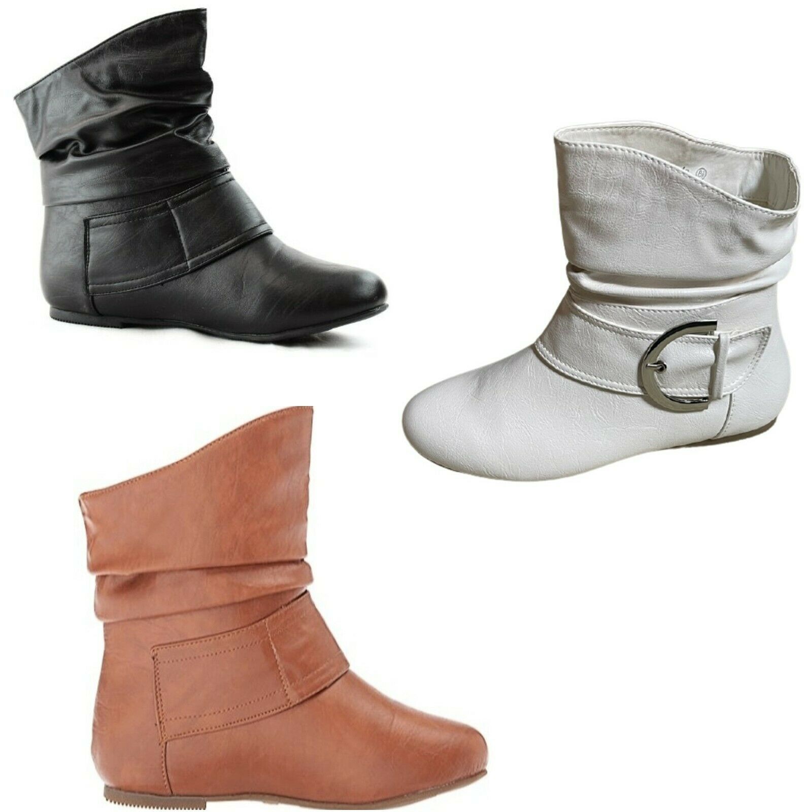 Top Moda Pad-52 Slouch Large Buckle Flat Heel Leatherette Ankle Boots