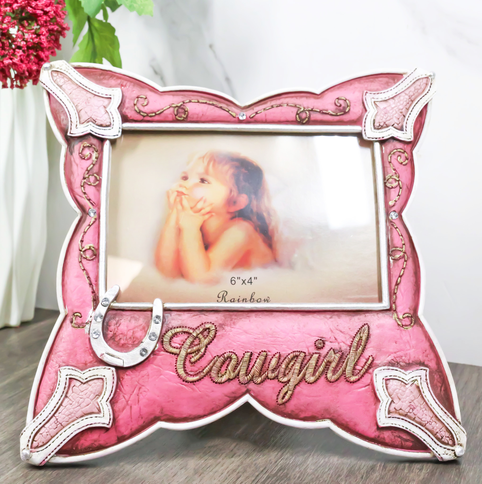 Western Cowgirl Pink Faux Leather Horseshoe Picture Frame Wall Or Easel 4"X6