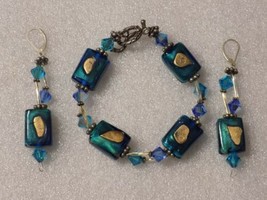 Fancy Green/Blue &amp; Gold Glass Beaded Bracelet &amp; Earrings Set - £27.25 GBP