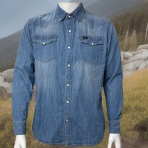 Lee Western Pearl Snap Shirt Mens Large Blue Light Wash Denim Long Sleev... - $32.62