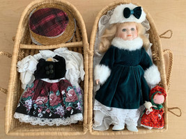 VINTAGE Soft Body Porcelain Doll w/4 Sets of Seasonal Clothes in Wicker ... - £29.05 GBP