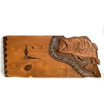 Wood Bass Fish Clock Carved 22” x 9”Large Vtg 80s Cabin Man Cave Works - £62.29 GBP