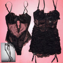 Victoria&#39;s Secret 34C/36B M Teddy+Garter SLIP/DRESS Black Lace Polka Dot Ruched - £134.35 GBP
