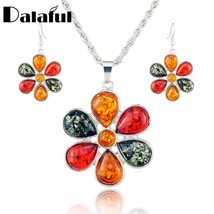 Colorful Baltic Simulated Honey Flower Earrings Necklace Women&#39;s Wedding Jewelry - £17.55 GBP