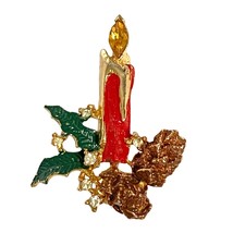 Red Enamel Candle Holly Pine Cones Rhinestones Gold Tone Brooch 2in Tall - $16.95