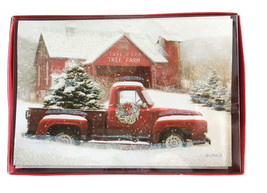 Red Farm Truck Christmas Tree Cards Boxed 18 Cards Envelopes Barn Rustic Country - $19.48