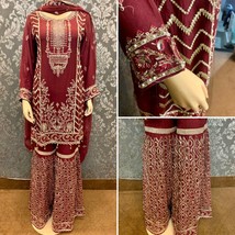 Pakistani Maroon Straight Style Embroidered Sequins Chiffon Gharara Suit,Medium - £106.70 GBP