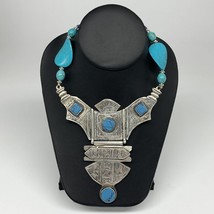 Turkmen Necklace Antique Afghan Tribal Blue Turquoise Inlay V-Neck, Necklace T53 - £23.59 GBP