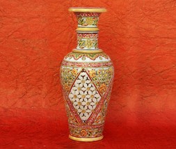 12&quot; Marble Stone Flower Vase Grill Hand Carved Pot Handicraft Meenakari Painted - £115.52 GBP