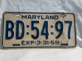 Vtg License Plate Maryland Vehicle Tag BD 54 97 Exp 3-31-59 - $29.95