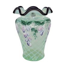 Fenton Willow Green Diamond Optic Plum Crest Wisteria Flowers Vase Family Signed - £159.07 GBP
