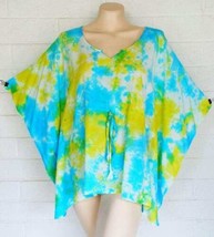 New Sacred Threads One Size Aqua Tie-Dye Pullover Rayon Kaftan Poncho Top - $21.73