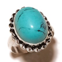 Blue Turquoise Oval Gemstone 925 Silver Overlay Handmade Designer Ring US-8 - £7.97 GBP