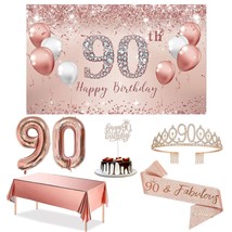 90Th Birthday Decorations Party Set For Women, Rose Gold 90 Birthday Banner And  - £32.57 GBP