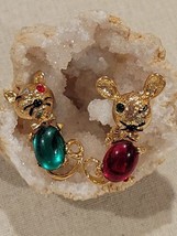 Winking Cat &amp; Mouse Jelly Belly Pins Pin Brooch Rare Set Gold Tone Vintage - £21.93 GBP