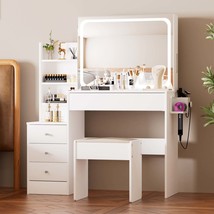 LED Vanity Table Set w/ Mirror, 4 Drawers, Stool - White - $269.99