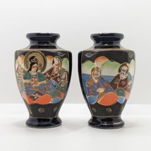 Japanese Satsuma Pottery Vases, Pair, Blue, Moriage, Antique - $36.41