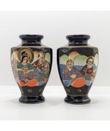Japanese Satsuma Pottery Vases, Pair, Blue, Moriage, Antique - $36.41