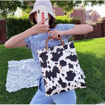  Cow Print Tote Bag   Bamboo Handles 14x12 Zippered Shopper Bag - $461.86 MXN