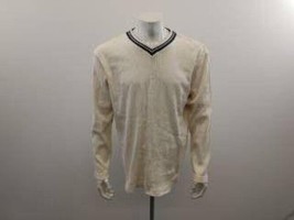 Ikeda Men&#39;s Vintage V Neck Long Sleeve Shirt Size XL Beige Blue Cotton - $150.53 MXN