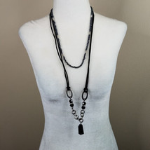 Mixit 2 Necklace Set Double Black Suede Cord Gunmetal Beads Silver Tone Accents - £3.91 GBP