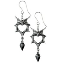 Love Bat Earrings Wing Heart Black Crystal Dropper Hooks Alchemy Gothic E425 - £28.63 GBP