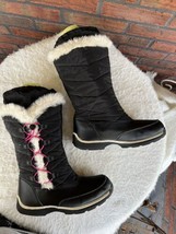 Lands End Mid Calf Snow/Ski Boots Girls 5 Black Pink Laces Sherpa Lined Pull On - £12.90 GBP