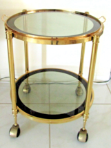 Vintage 1960&#39;s Hollywood Regency Round Brass and Smoked Glass Tray Top Bar Cart - $593.01