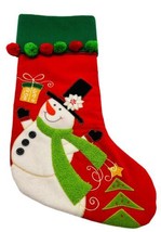 Christmas Stocking Snowman Velvet Red Green Pom Poms Real Black Buttons ... - £20.77 GBP