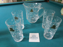 Oneida Royal Crystal Rock Dorico Lead Pitcher TUMBLERS ITALY SET NIB 5 PCS - £97.08 GBP