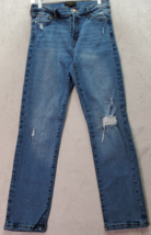 Rachel Roy Jeans Women&#39;s 6 Blue Denim Flat Front Straight Leg Distressed Pockets - $24.88