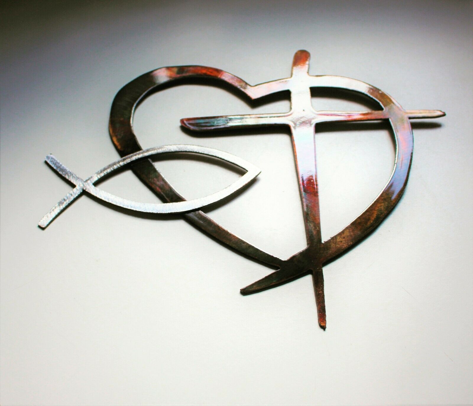 Primary image for Heart & Cross and Fish Special  Copper/Bronzed with Polished Steel 11" wide