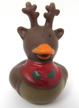 Brown Reindeer Rubber Duck 2&quot; Christmas Red Collar Holly Squirter Decor ... - $8.50