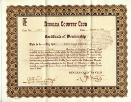 Ridglea Country Club Fort Worth Texas Certificate of Membership 1961 - £50.52 GBP