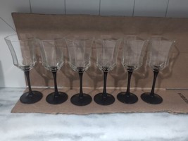 Set of Six Vintage Luminarc France Arcoroc Octime Black Stem Water Goblets 8&quot; - £39.56 GBP