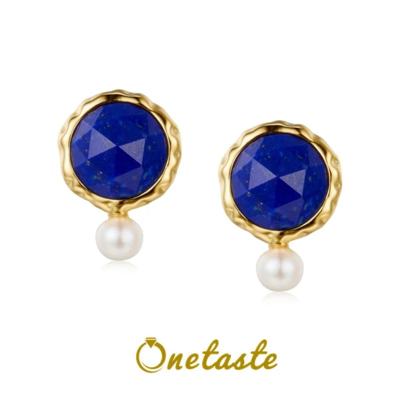 Natural Lapis Lazuli Pearl 925 Sterling Silver Small Earrings For Women 18K Gold - £42.91 GBP