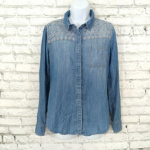 Staring At Stars Button Up Shirt Womens Small Blue Denim Chambray Embroidered - £19.77 GBP
