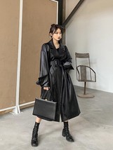 IEQJ Long Pu Leather Trench Coat For Women Full Sleeve Black Elegant  Up Waist W - £124.89 GBP