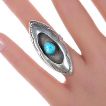 sz5 Vintage Native American silver and turquoise shadowbox ring with stampings - £86.24 GBP