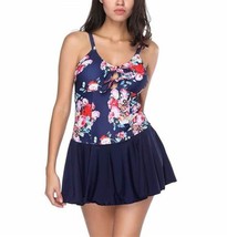 Tie Front &amp; Back Floral Print One Piece Swimsuit Tankini Skirt Swimdress L - £19.14 GBP