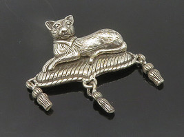 JEZLAINE 925 Sterling Silver - Vintage Shiny Lying Cat Motif Brooch Pin - BP7522 - £45.59 GBP